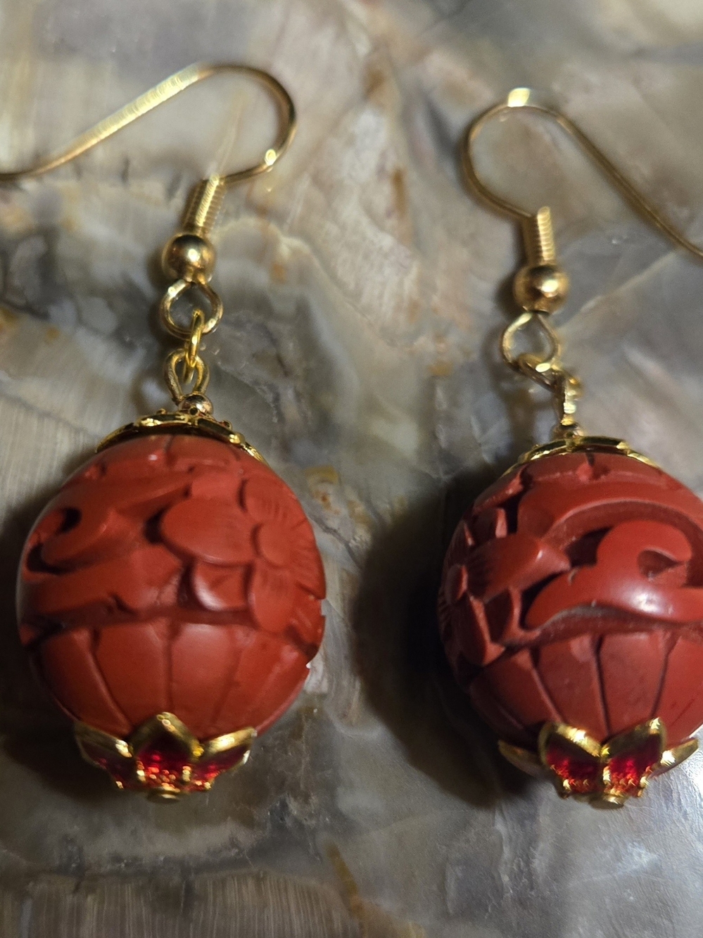 Artisan Carved Red Cinnabar And Cloisonne Earrings